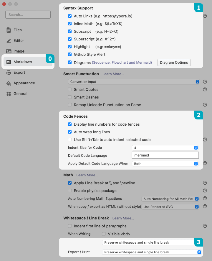 Typora ▸ Preferences ▸ Markdown
